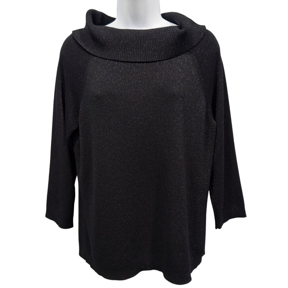 Kate Hill Black Shimmer Metallic Cowl Neck Sweater Minimalist Office Womens L